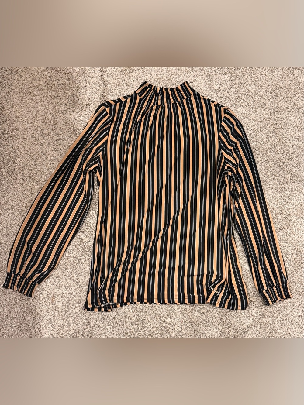 Striped High-Neck Long-Sleeve Top in Black and Tan